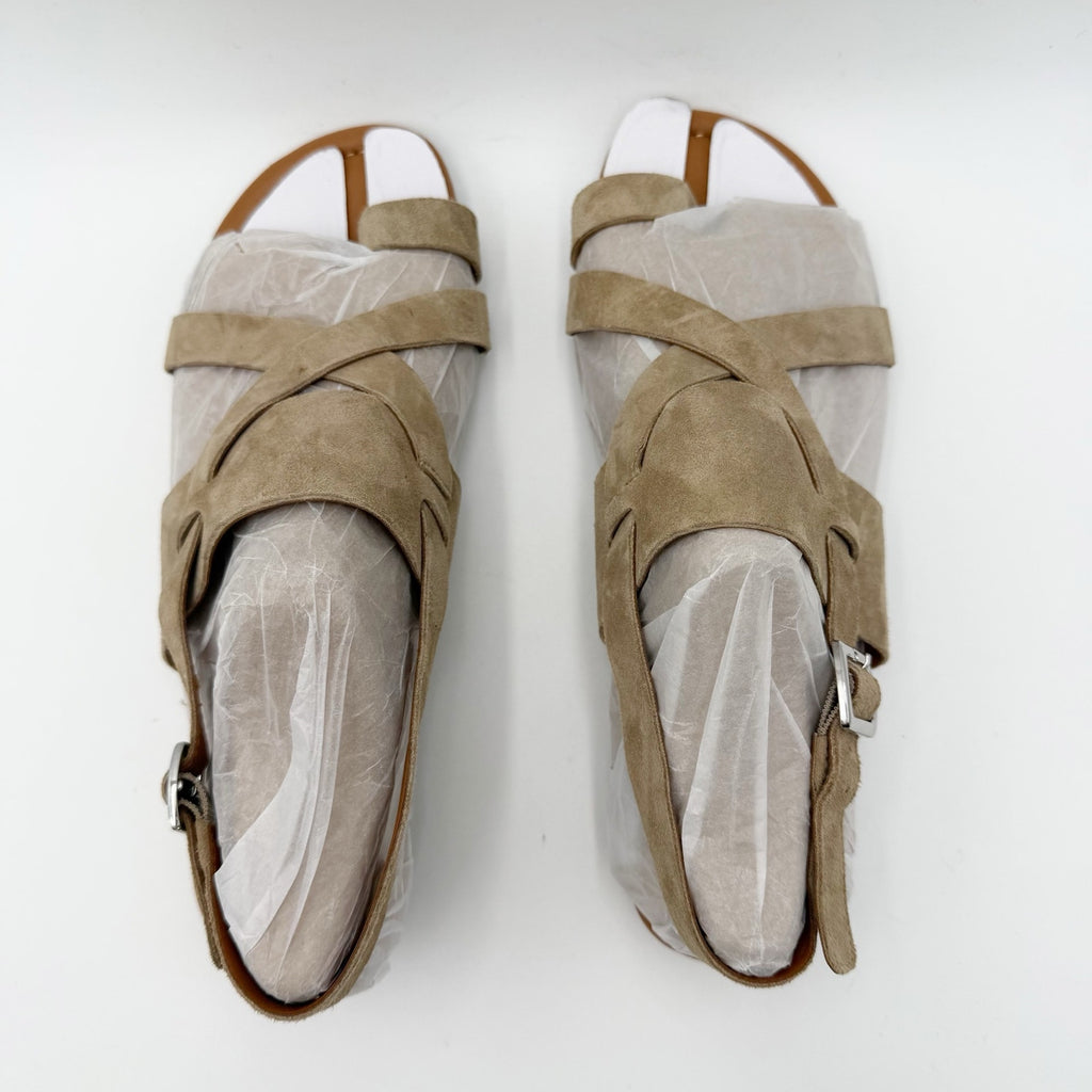 Franco Sarto Womens Gia Flat Sandals Size 7.5 M EU 38 Taupe Tan Suede NWOB