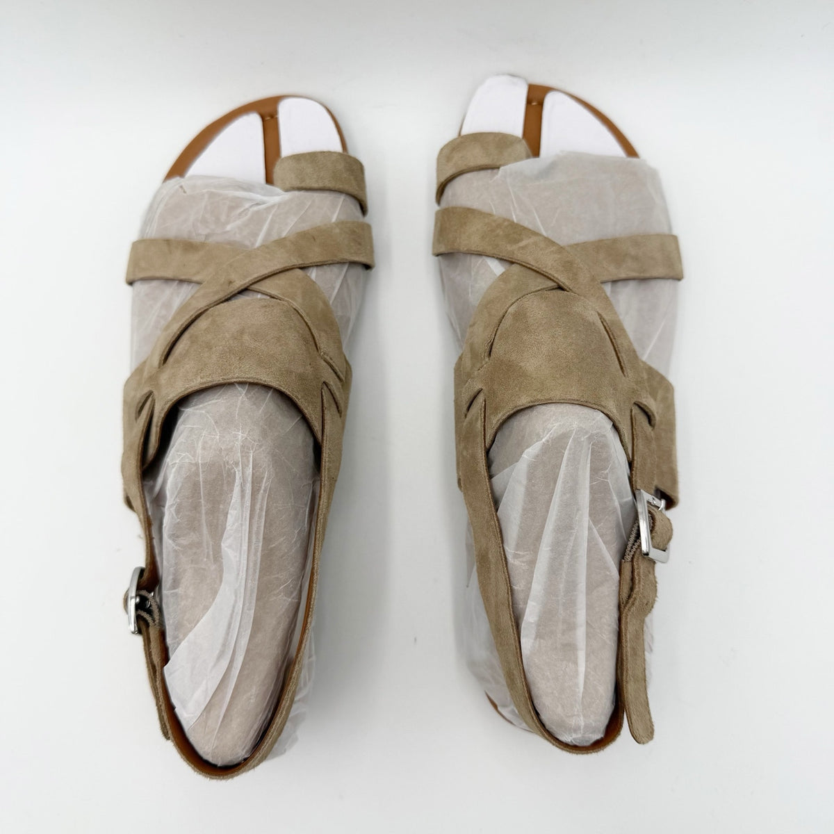 Franco Sarto Womens Gia Flat Sandals Size 7.5 M EU 38 Taupe Tan Suede NWOB