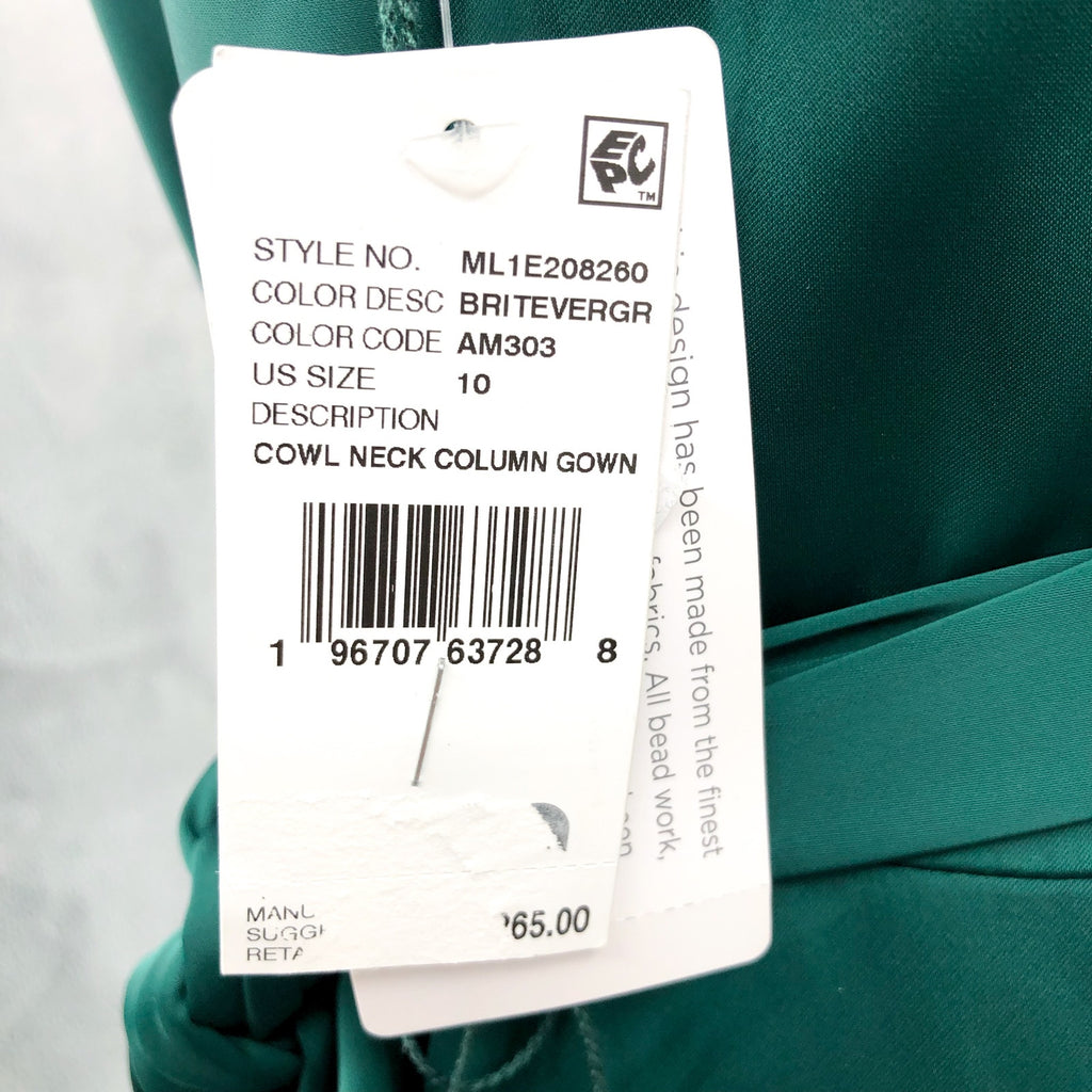 LIV FOSTER Satin Cowl Neckline Column Gown Size 10 Green Tie Waist NWT
