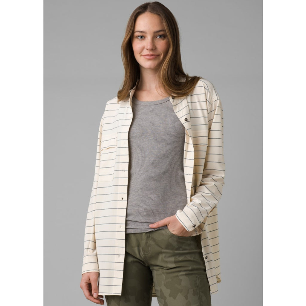 PRANA Womens Railay Tunic Top XL White Stripe Long Sleeve Button Up UPF 50+ NWT