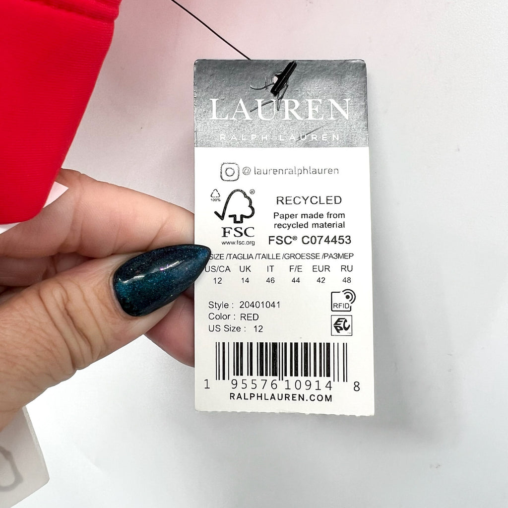 LAUREN RALPH Toggle V Neck Bikini Top Size 12 Red LAUREN Beach Club Solids NWT