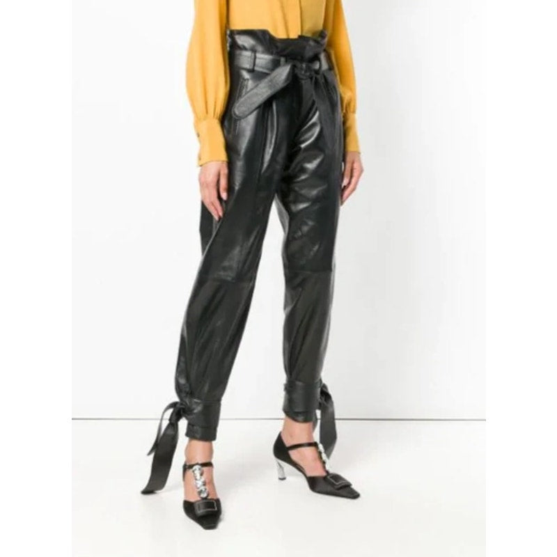 ATTICO Women's Leather Paper Bag Pants IT 40 US Small Black Tie Cuff Belted NWT