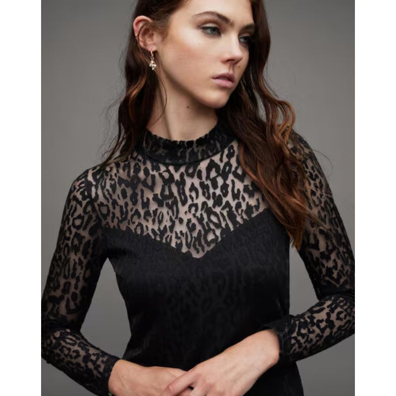 ALLSAINTS Women's Hanna Anita Devore Leopard Print Mini Dress Size 10 Black NWT