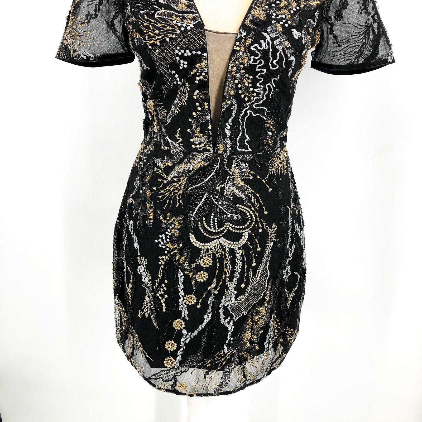 DRESS THE POPULATION Sequin Mini Dress Small Black Gold Sheer Sleeves NWOT