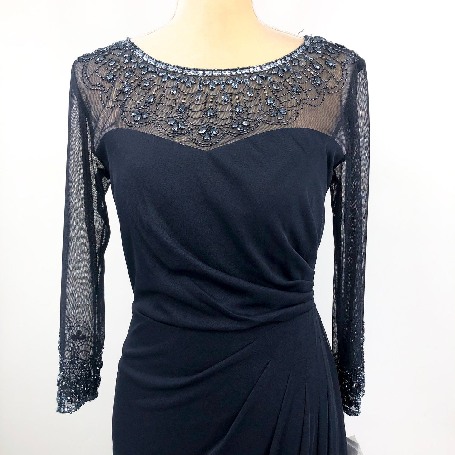 ALEX EVENINGS Illusion Sheath Gown Size 8 Deep Navy Blue Mesh Jeweled Neck NWT
