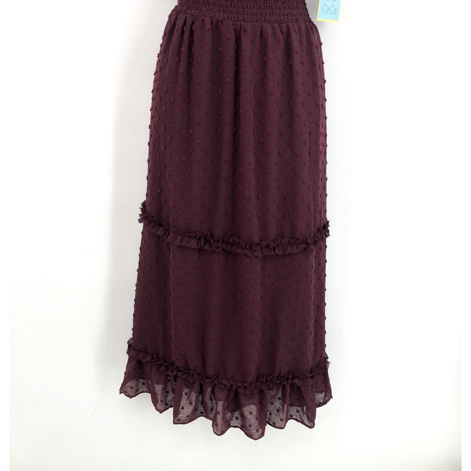 CECE Women's Ruffled Midi Dress Medium Red Rich Flutter Sleeve Swiss Dot NWT