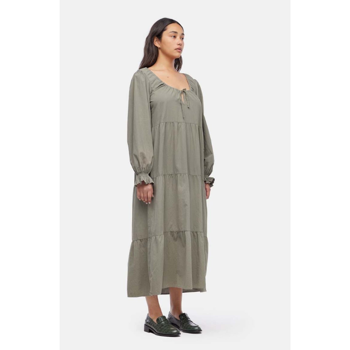 LACAUSA Women's Tate Tiered Midi Dress Small Eucalyptus Green Long Sleeve NWT