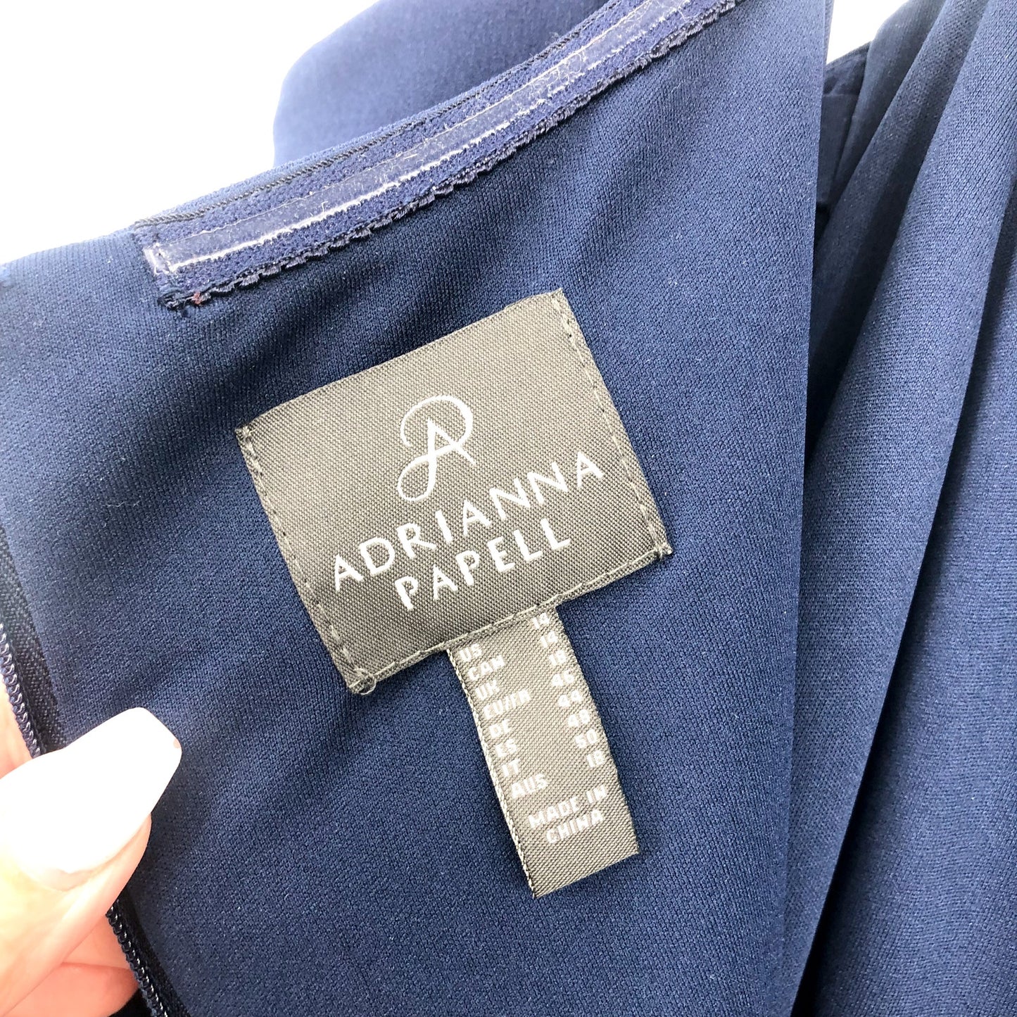 ADRIANNA PAPELL Organza Crepe Jumpsuit Size 14 Navy Blue Satin Off Shoulder NWT