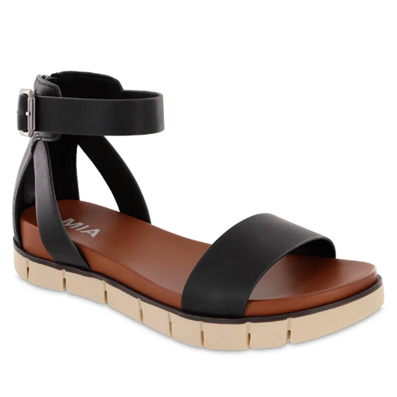 MIA Womens Emilia Sandals Size 6 Black Vegan Leather Flat Platform NWOB
