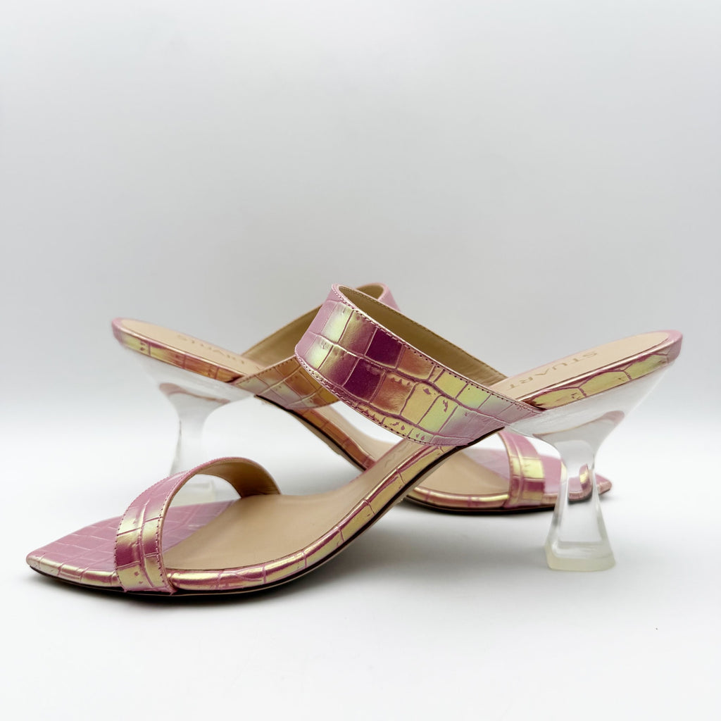 Stuart Weitzman Kristal Heeled Sandals Size 9 M Pink Iridescent Leather NIB