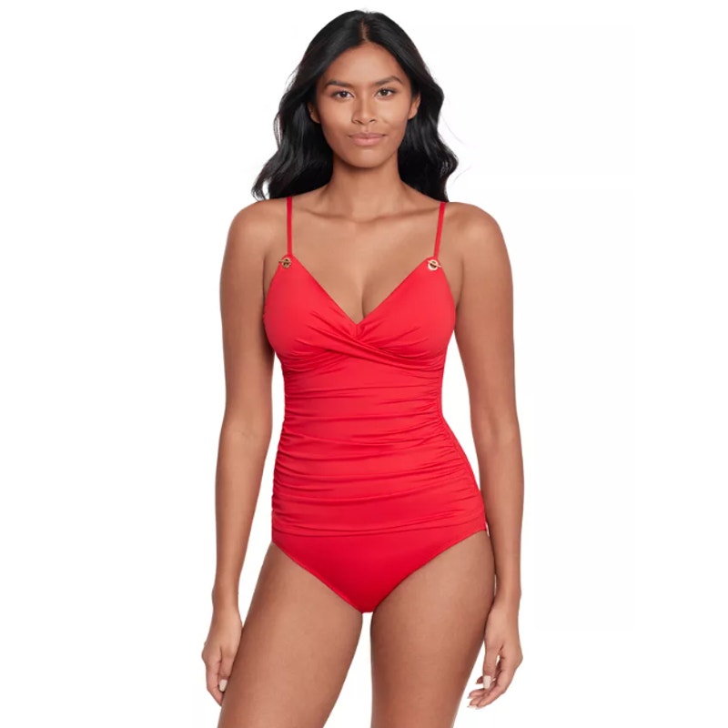 LAUREN RALPH LAUREN Womens Tankini Top Size 6 Red Toggle-Trim Swim NWOT