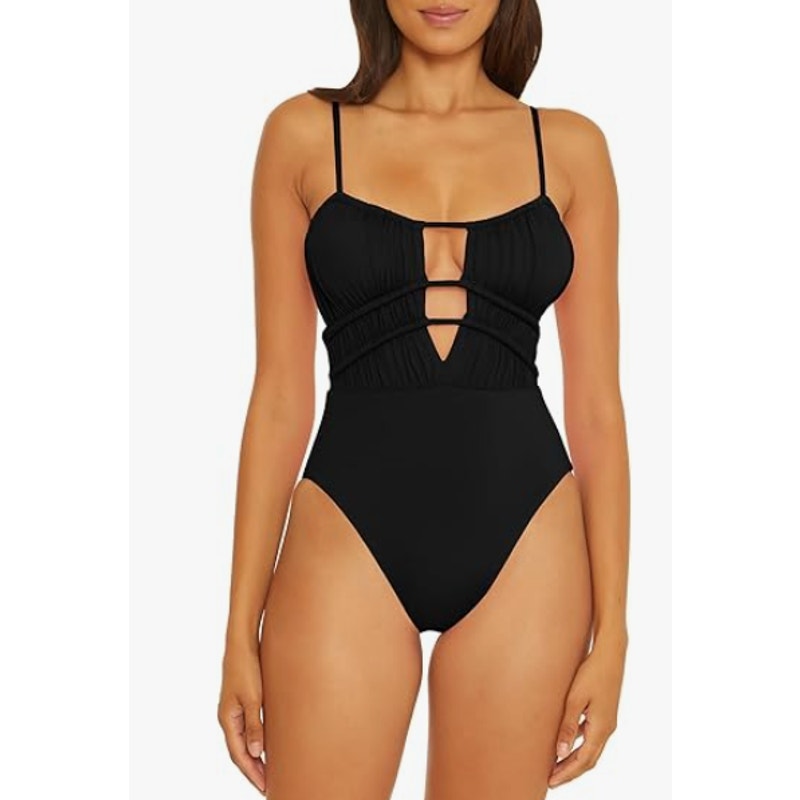 BECCA Women's Color Code Sarai One Piece Swimsuit Large Black Plunge Cutout NWT