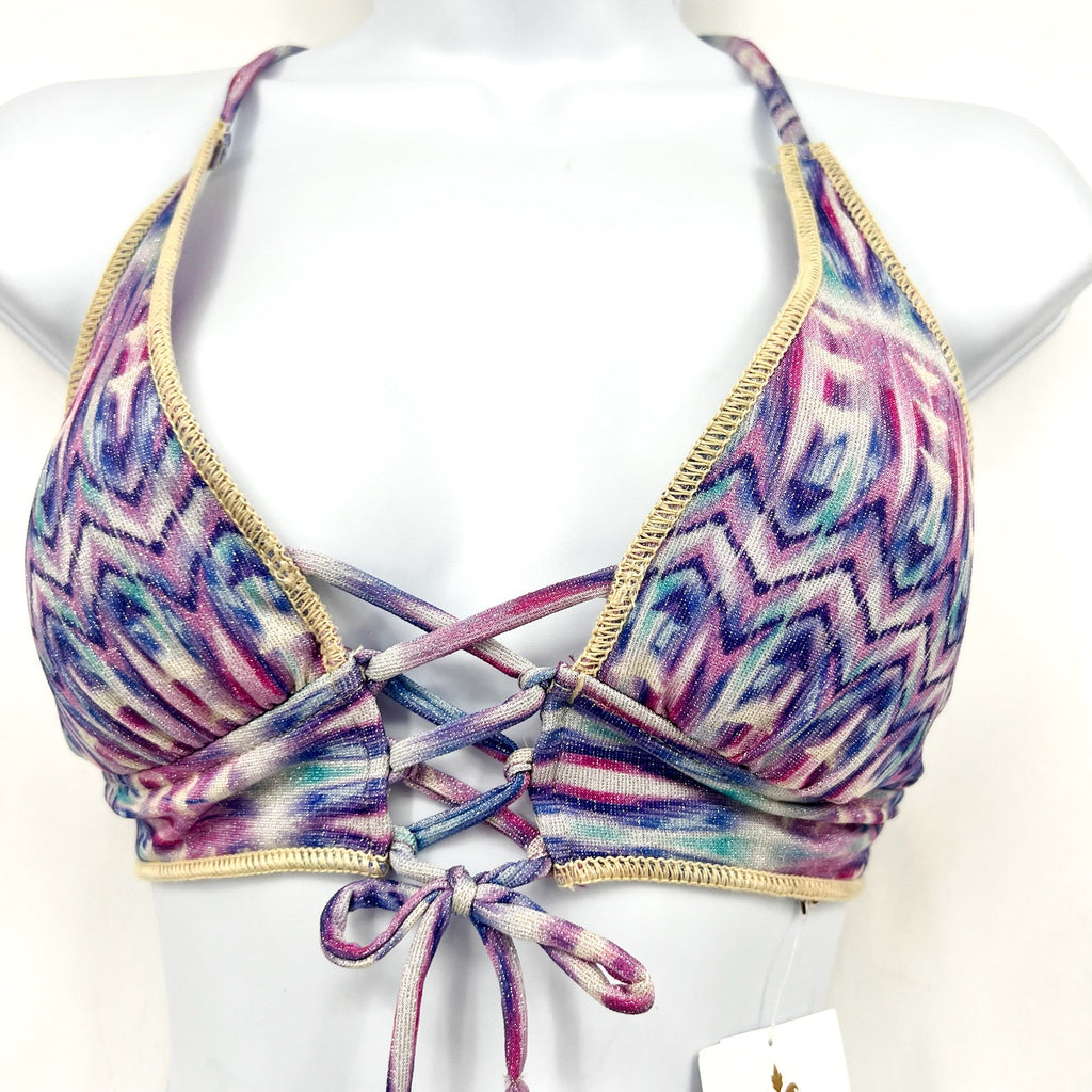 BECCA Women's Tulum Halter Bikini Top Small Purple Multi Printed Lace Front NWT