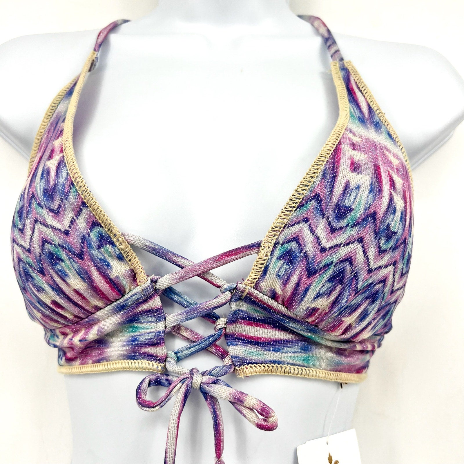 BECCA Women's Tulum Halter Bikini Top Small Purple Multi Printed Lace Front NWT