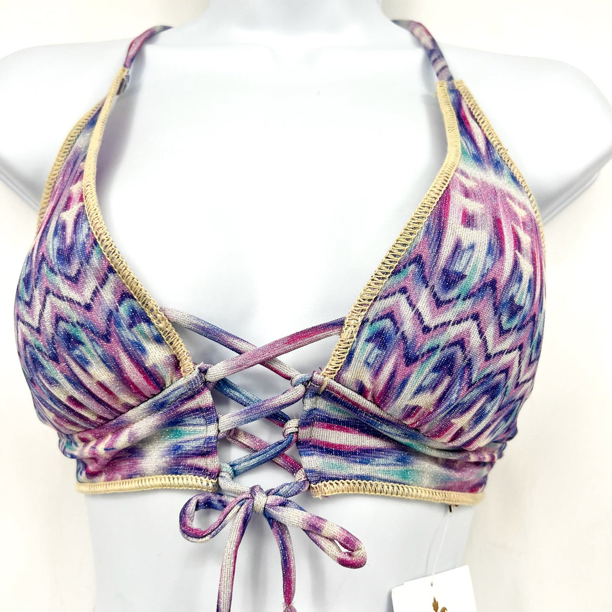 BECCA Women's Tulum Halter Bikini Top Small Purple Multi Printed Lace Front NWT