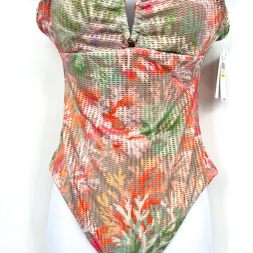 BECCA Coral Reef Viviana One Piece Swimsuit Medium Pink Print V Wire Plunge NWT