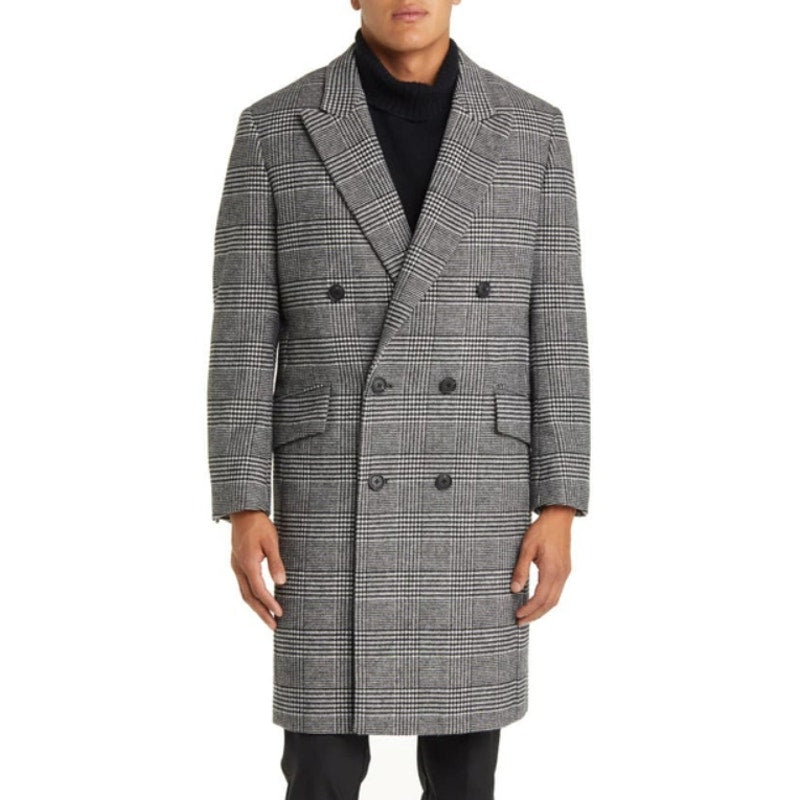 NORDSTROM Men's Glen Wool Blend Topcoat XL Black White Plaid XL NWOT