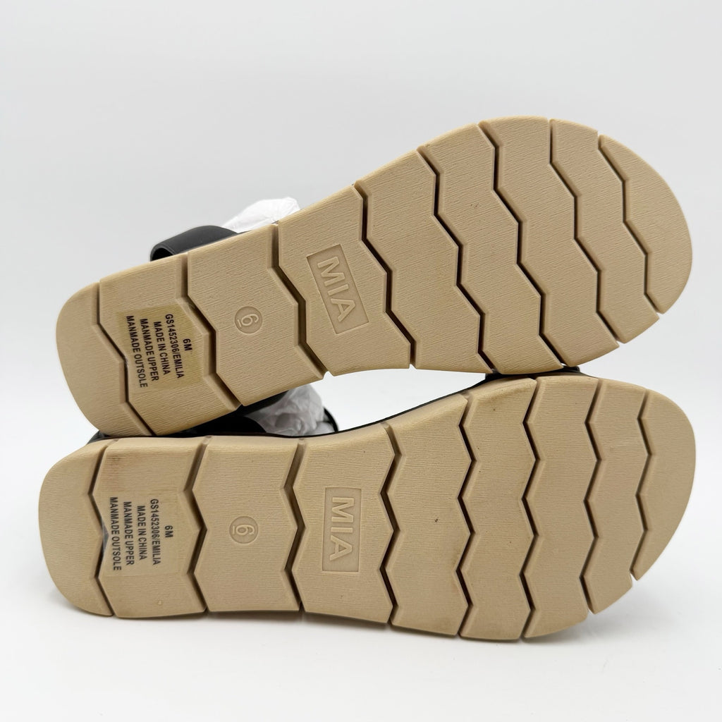 MIA Womens Emilia Sandals Size 6 Black Vegan Leather Flat Platform NWOB