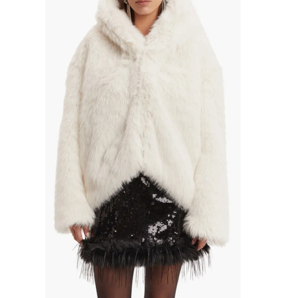 Bardot Womens Callan Faux Fur Jacket Large White Hooded NWT