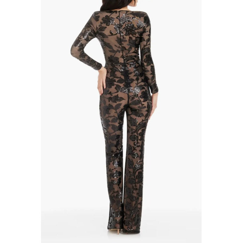DRESS THE POPULATION Carson Sequin Leopard Jumpsuit XS Black Long Sleeve NWOT