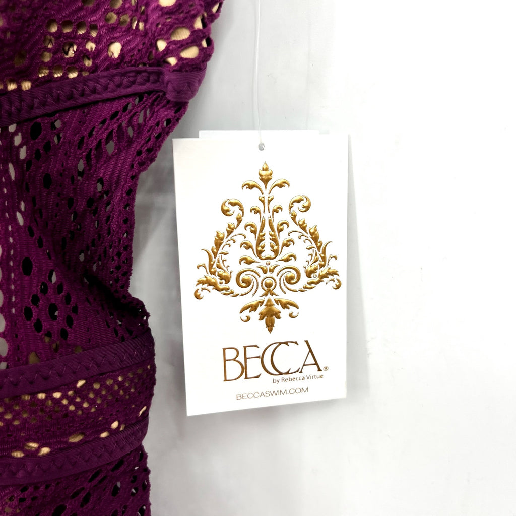 BECCA Women's Plunge One-Piece Swimsuit Large Purple Color Play Crochet NWT