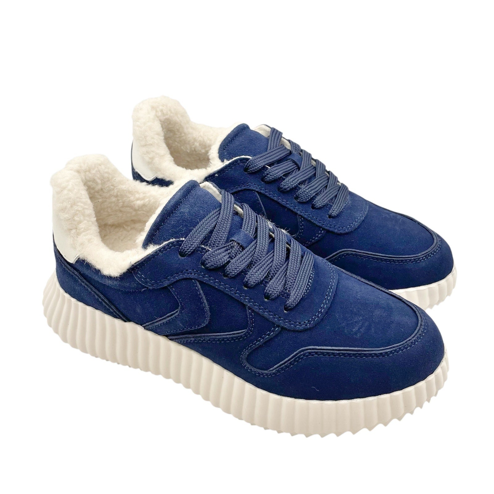 Steve Madden Womens Shereen-Fur Lined Sneakers US 7.5 EU 38 Navy Blue Suede NIB