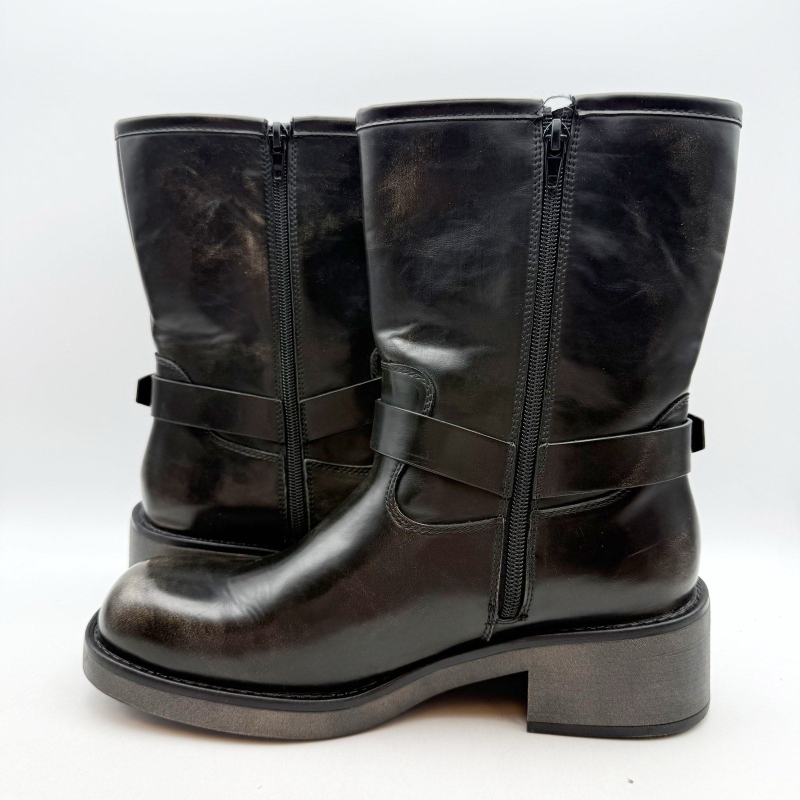 Bullboxer Womens Cora Motorcycle Boots US 8.5 Black Distressed Leather NWOB