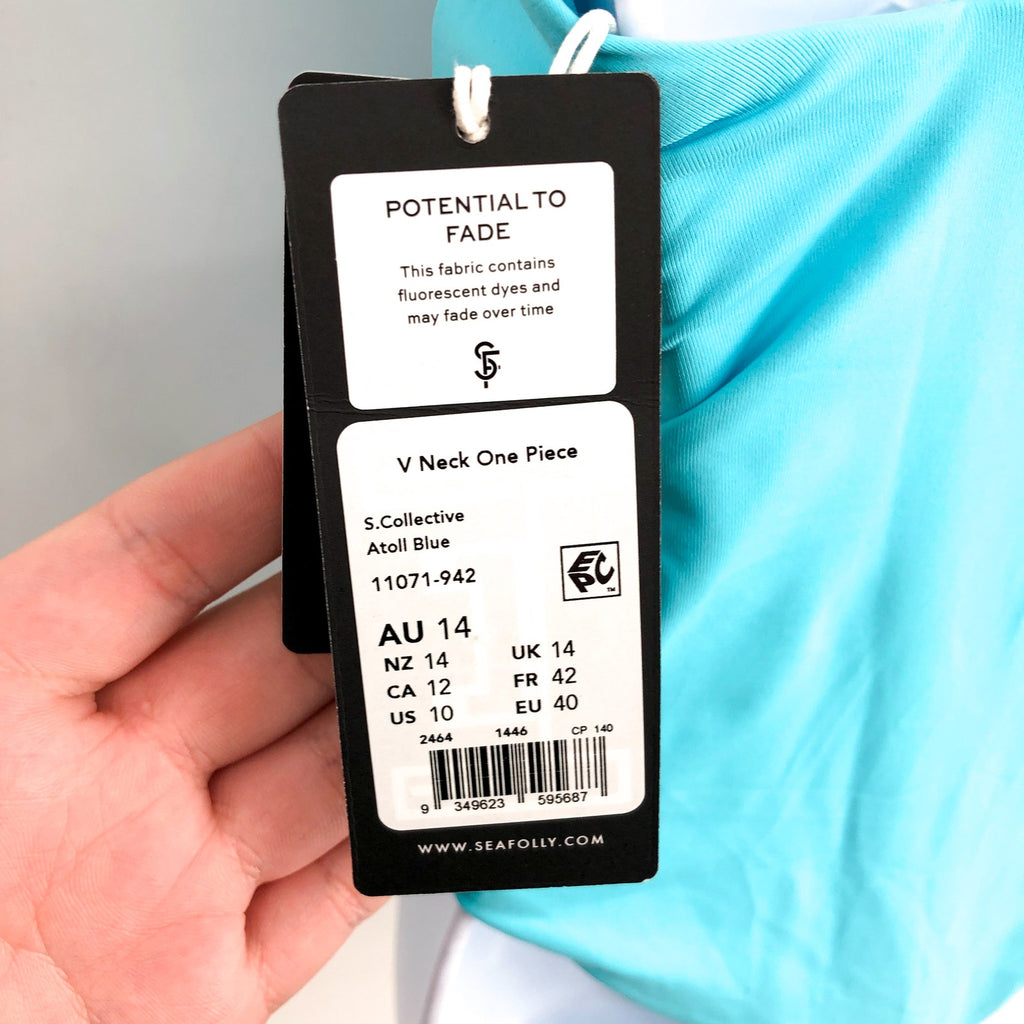 SEAFOLLY Collective V Neck One Piece Swimsuit Size 10 Atoll Blue Open Back NWT