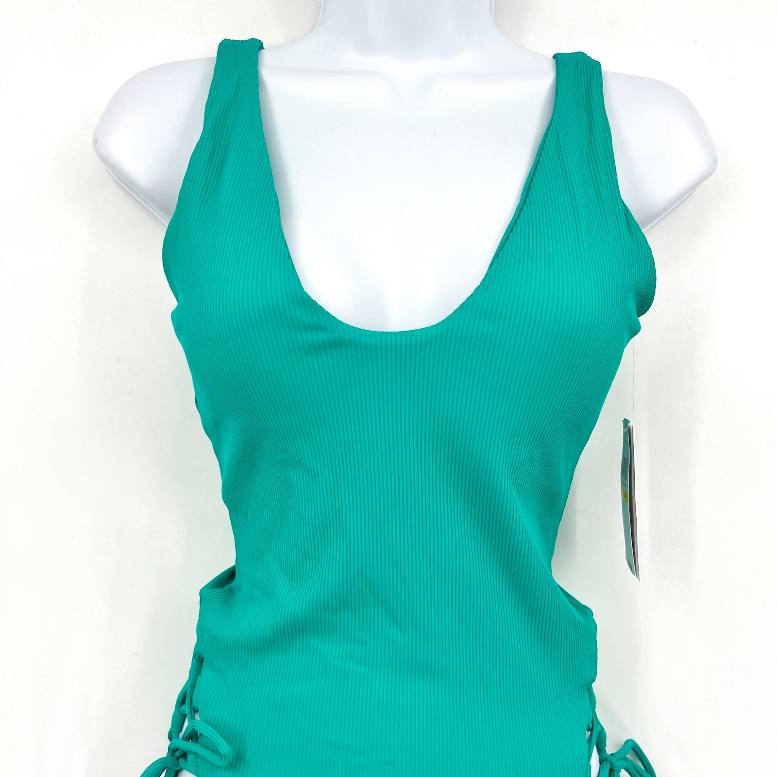 BECCA Modern Edge Sophie One Piece Swimsuit Large Teal Green Lace Up Ribbed NWT