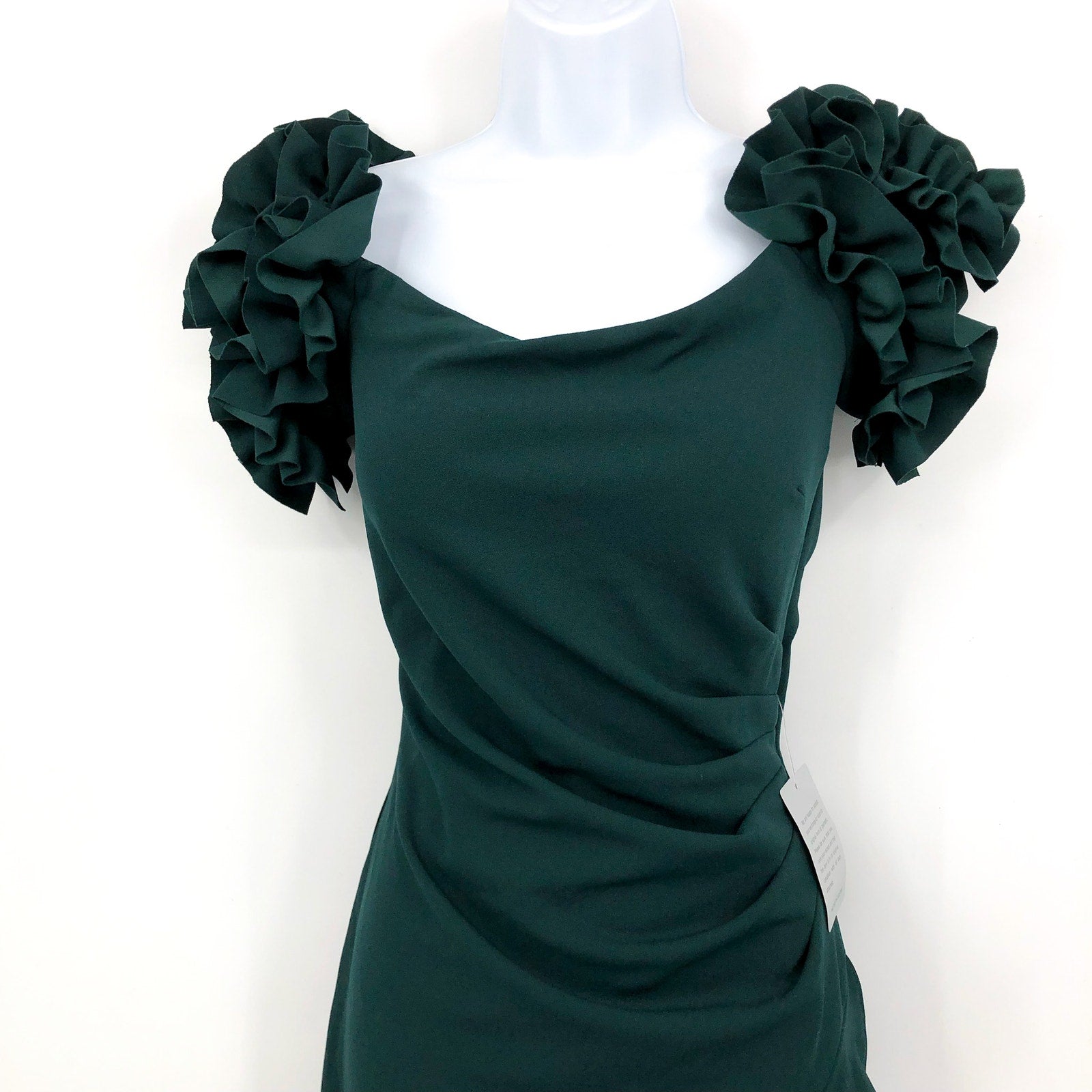 XSCAPE Women's Scuba Crepe Ruffle Midi Dress Size 6 Green Off the Shoulder NWT