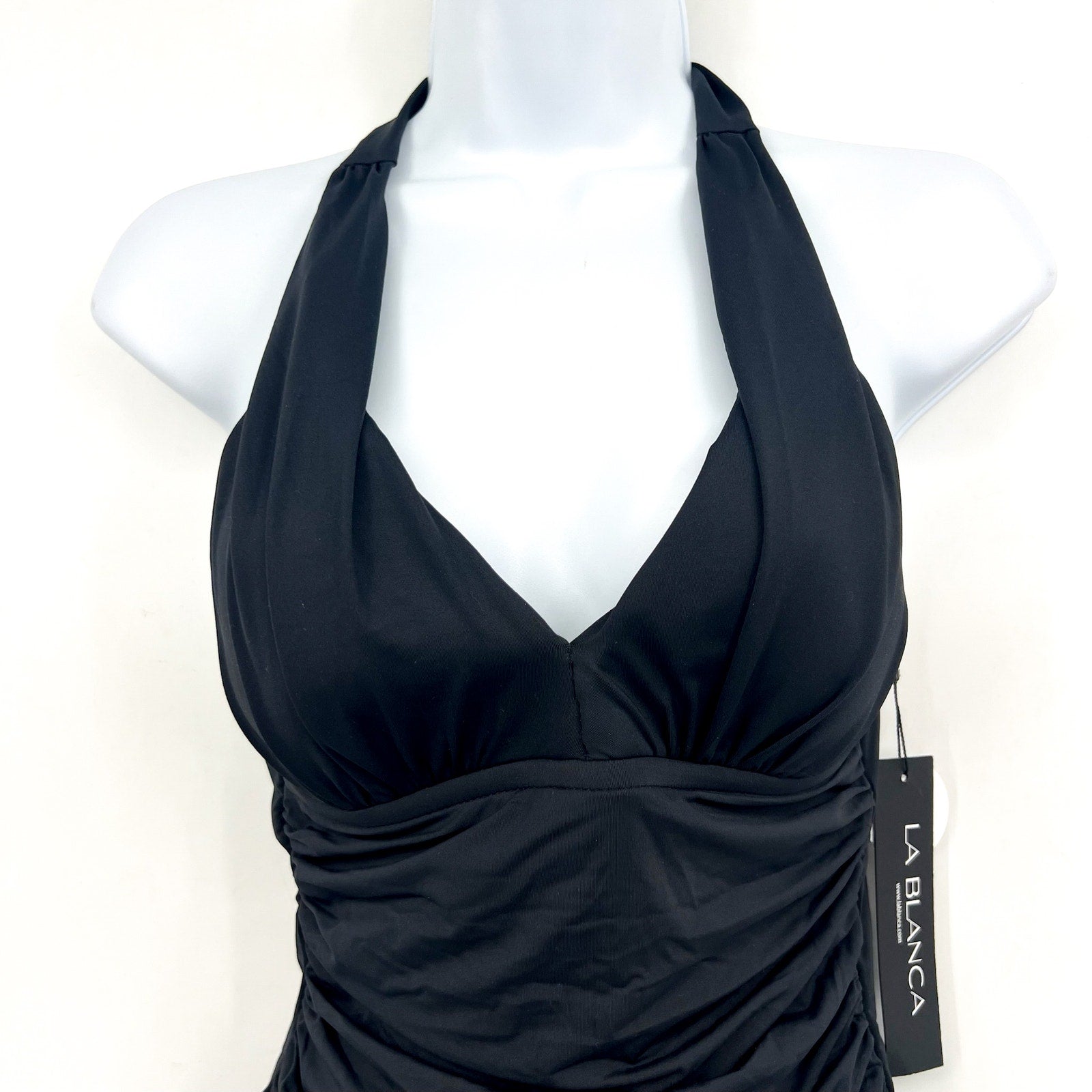 LA BLANCA Women's Island Goddess Halter Tankini Top Size 4 Black Stretch NWT