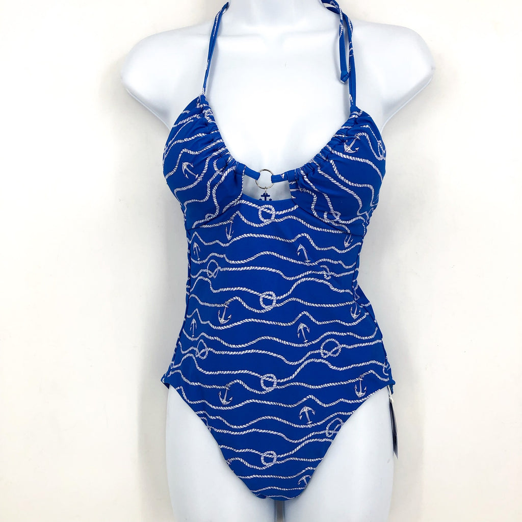 SEAFOLLY Bandeau Halter One Piece Swimsuit Size 6 Blue Azure Set Sail Print NWT