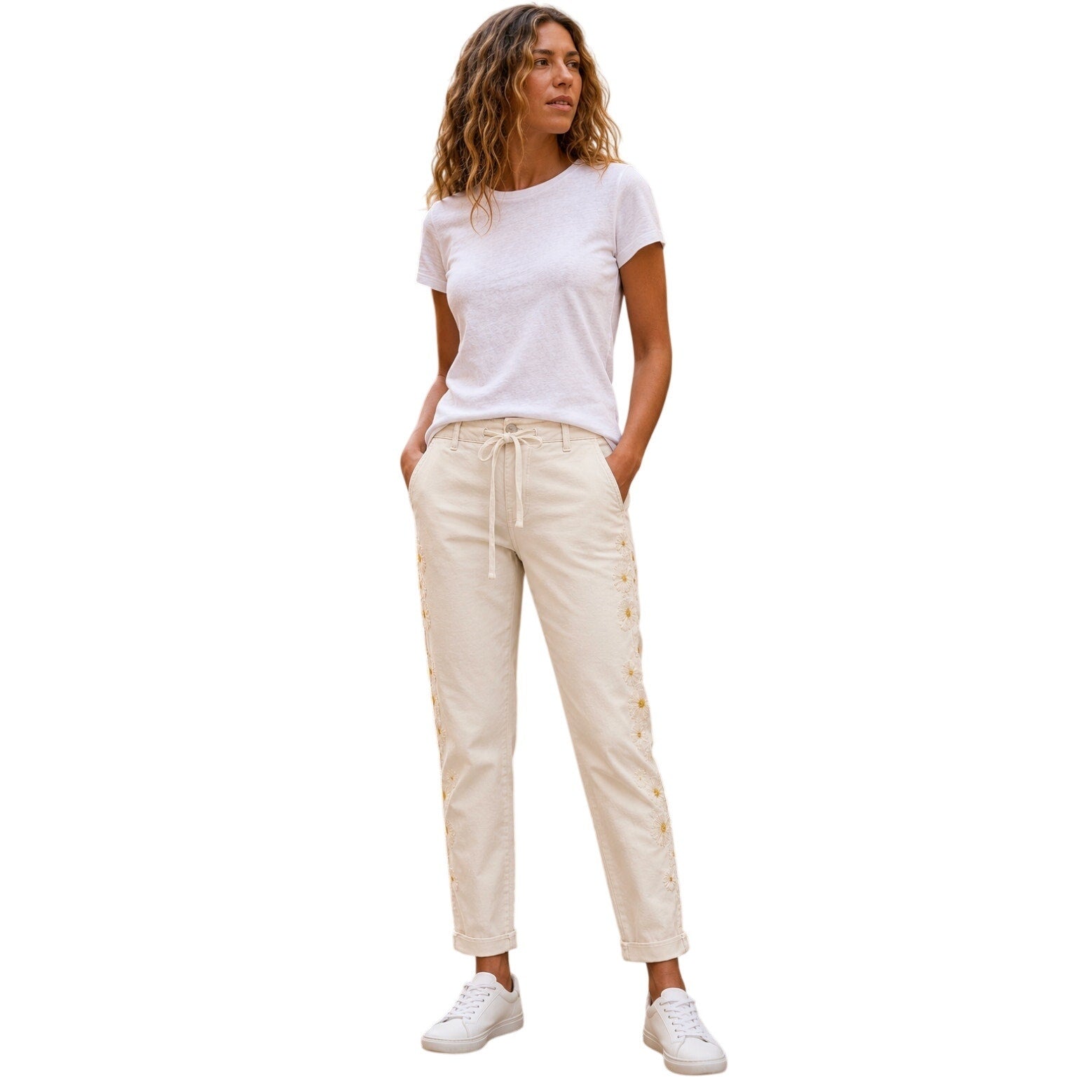 DRIFTWOOD Women's Embroidered Casual Pants Large Beige Floral NWT