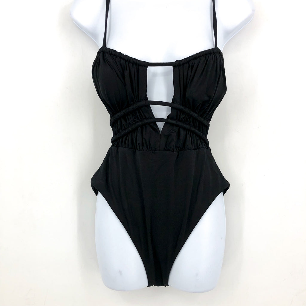 BECCA Women's Color Code Sarai One Piece Swimsuit Large Black Plunge Cutout NWT