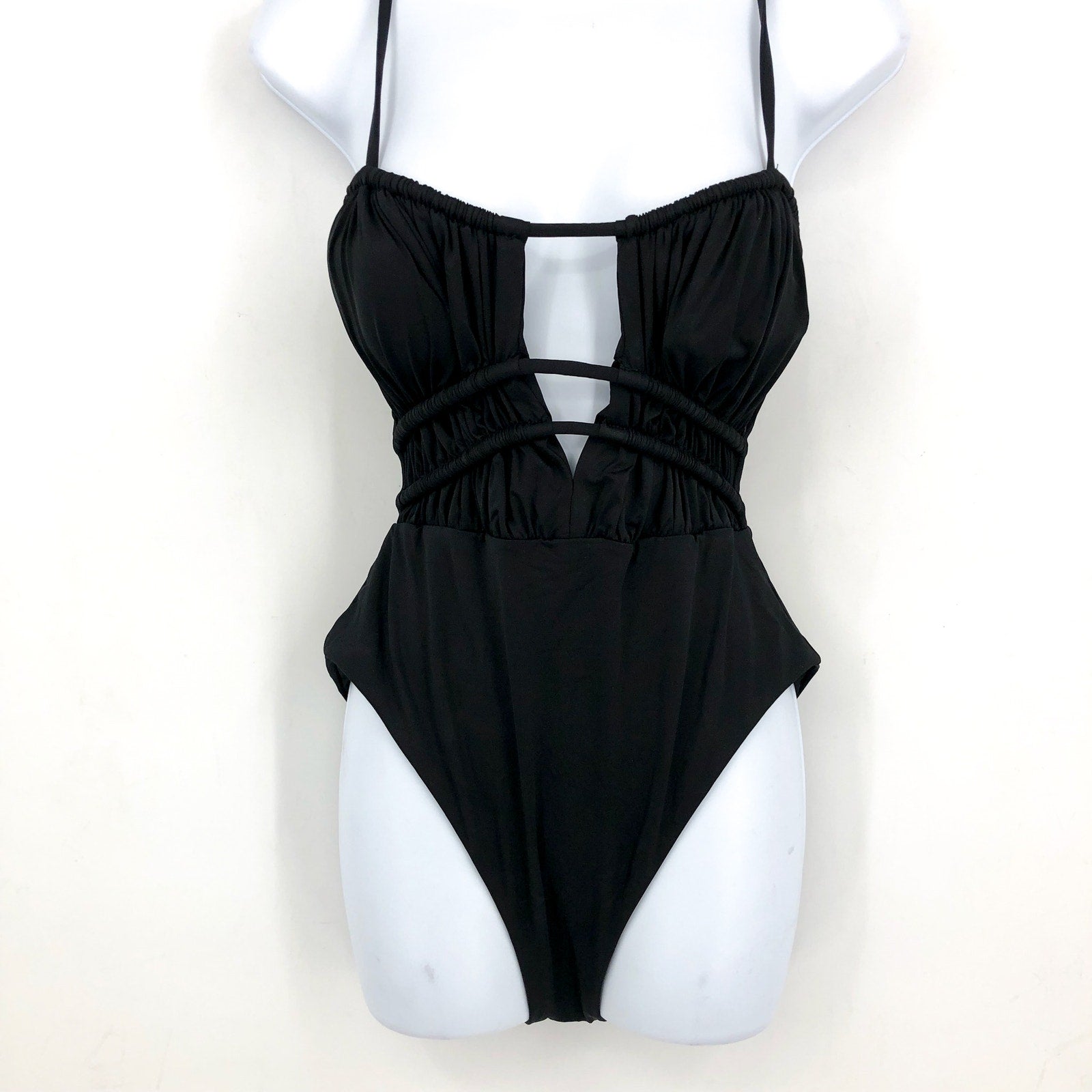 BECCA Women's Color Code Sarai One Piece Swimsuit Large Black Plunge Cutout NWT