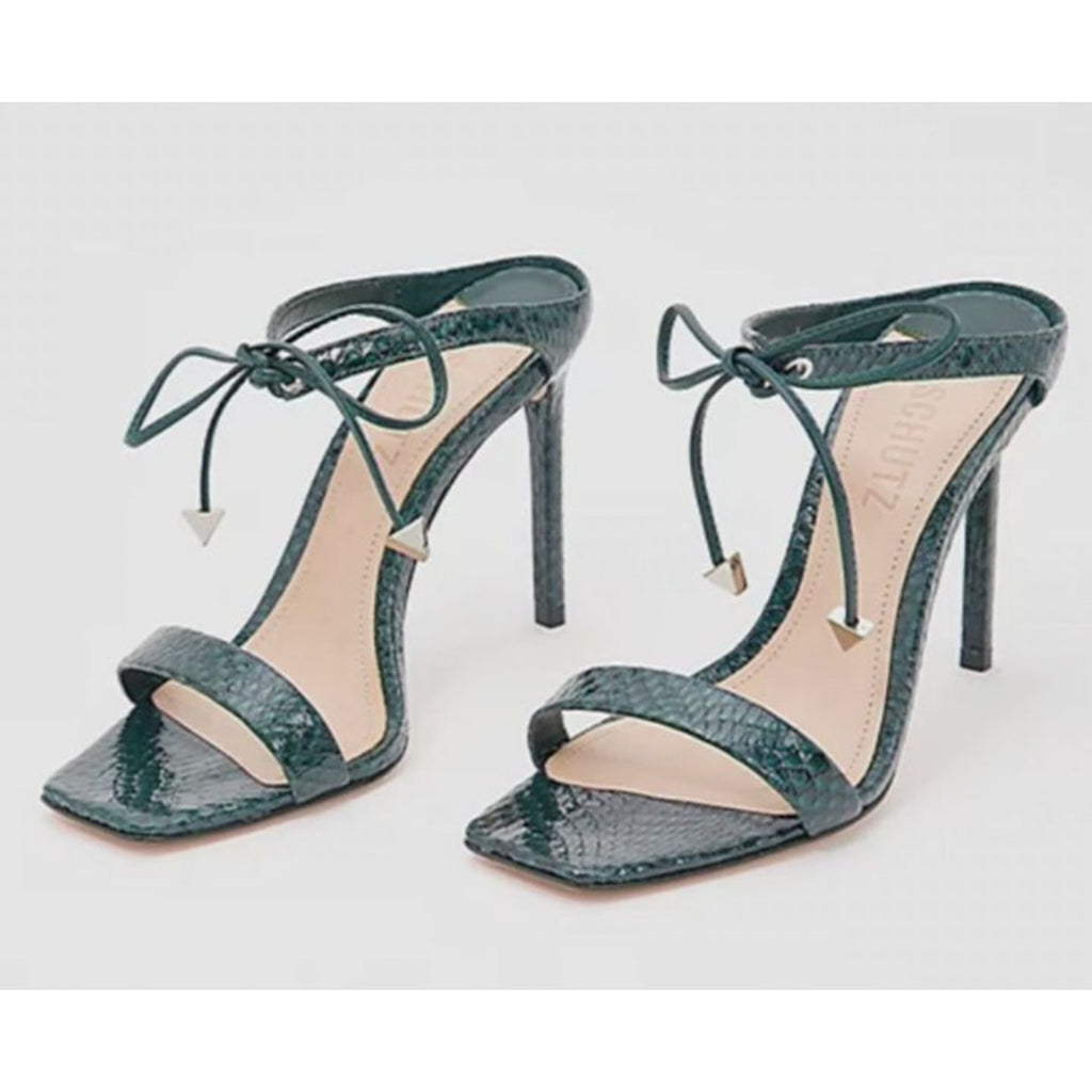 SCHUTZ Womens Mavis Heel Sandal Size 8.5 Black Snake Shine Leather NIB