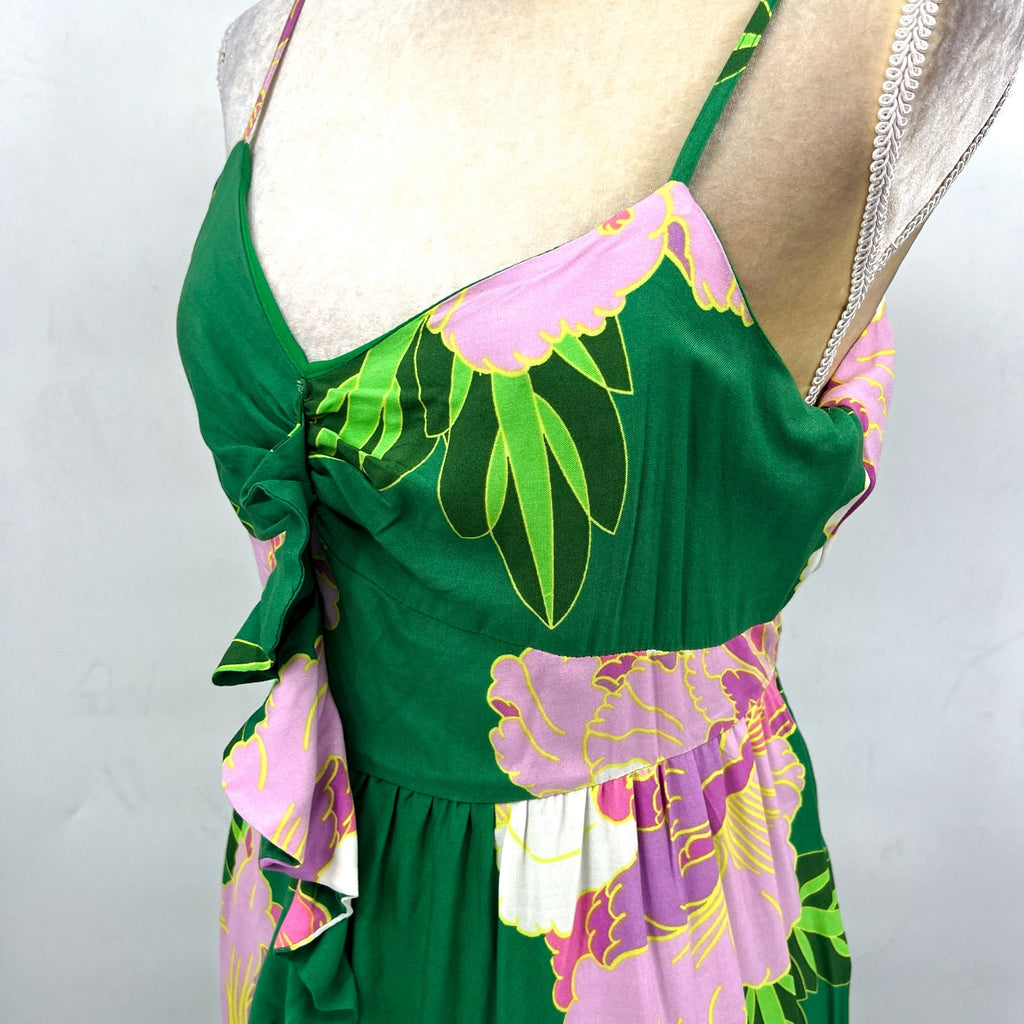 CECE Floral Tiered Maxi Dress Medium Green Peony Blossom Ruffle-Front NWT