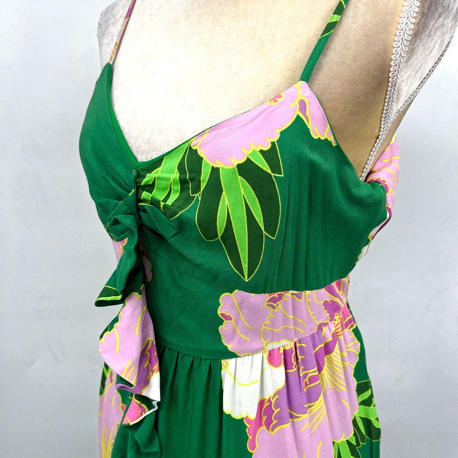 CECE Floral Tiered Maxi Dress Medium Green Peony Blossom Ruffle-Front NWT
