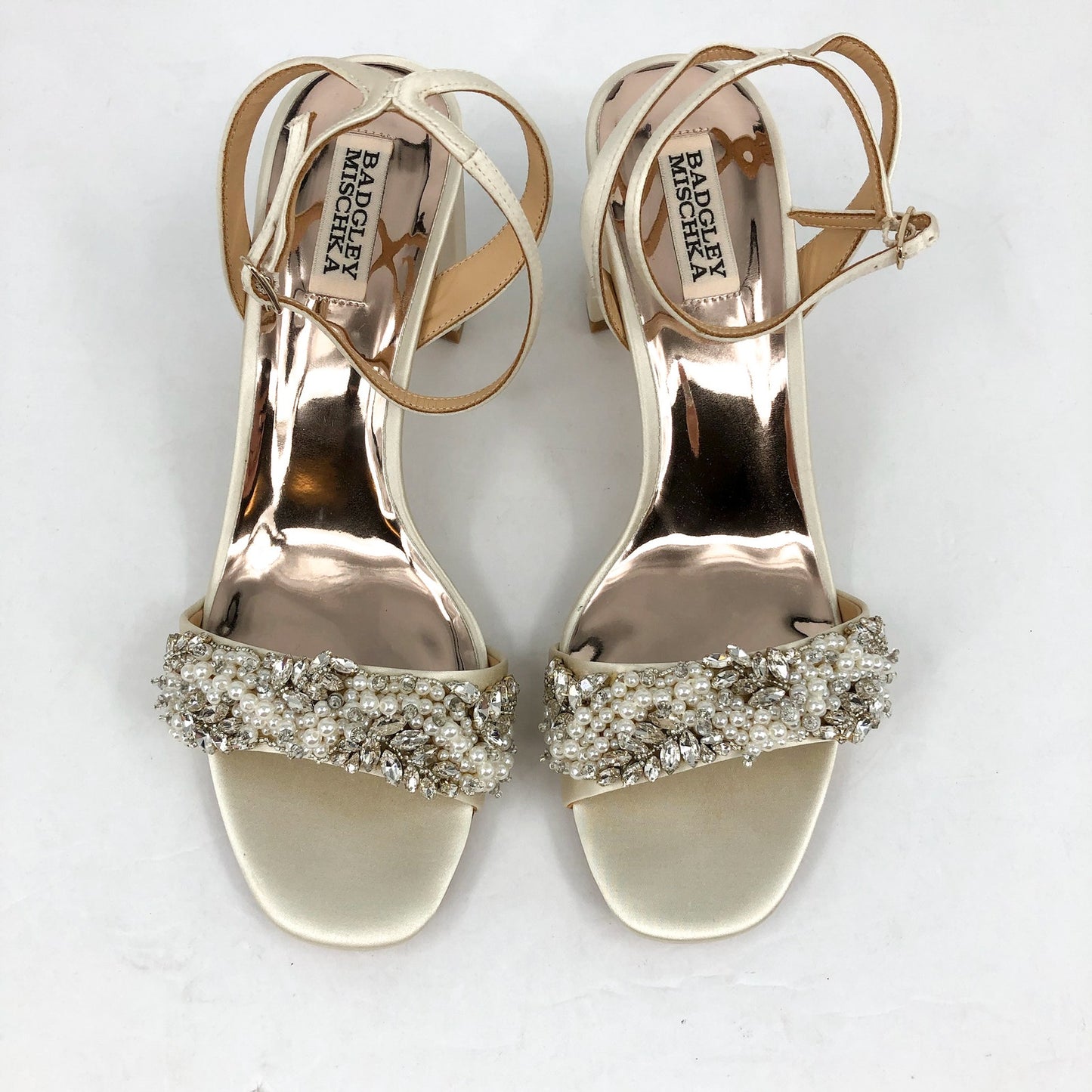 Badgley Mischka Womens Marsha Satin Heels US 9 Ivory Sandals Rhinestone NWOB