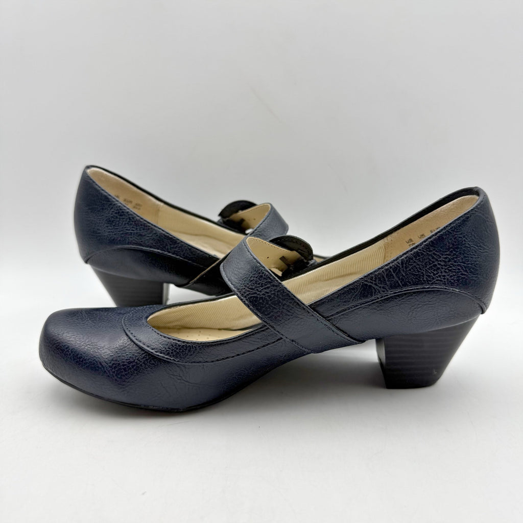 LifeStride Womens Rozz Mary Janes Heels Size 7 WIDE Navy Blue Vegan Leather NIB