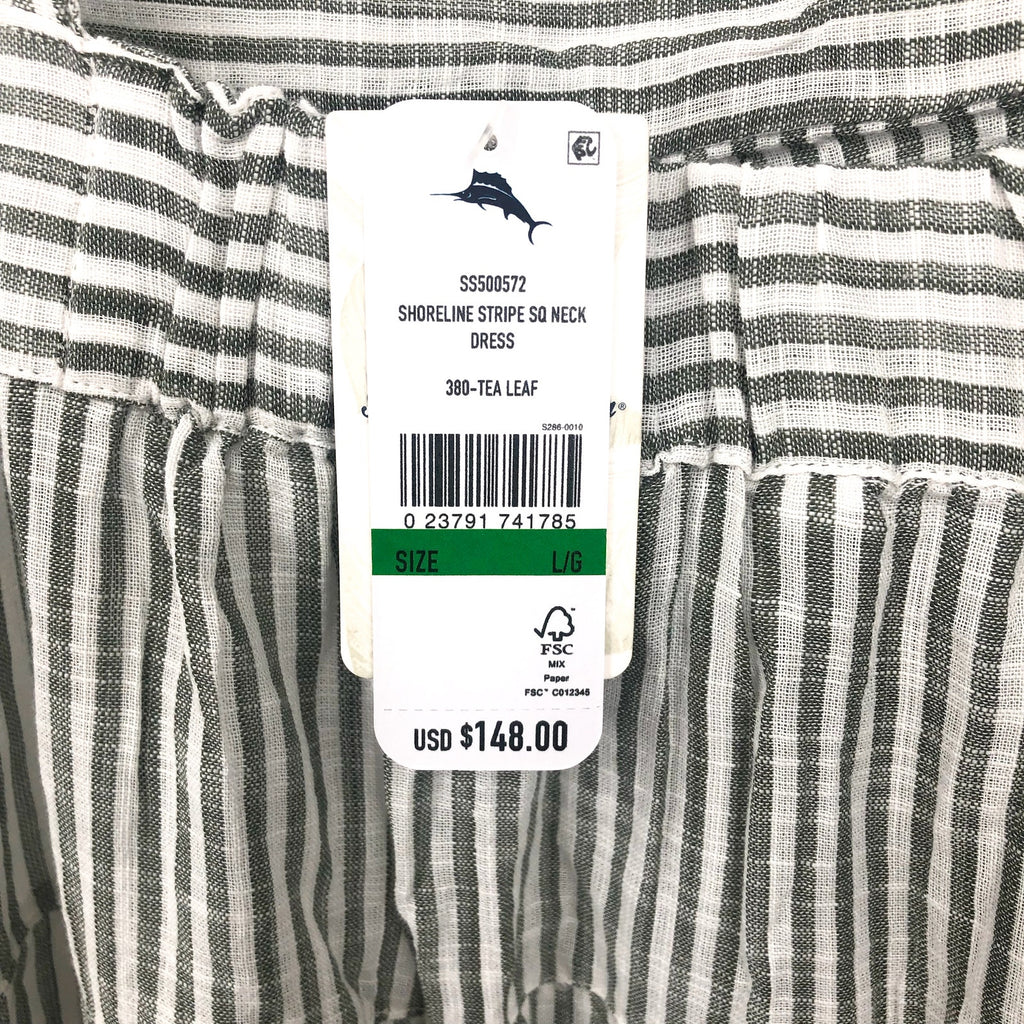 TOMMY BAHAMA Shoreline Stripe Midi Dress Large Green Gray White Cover-Up NWT