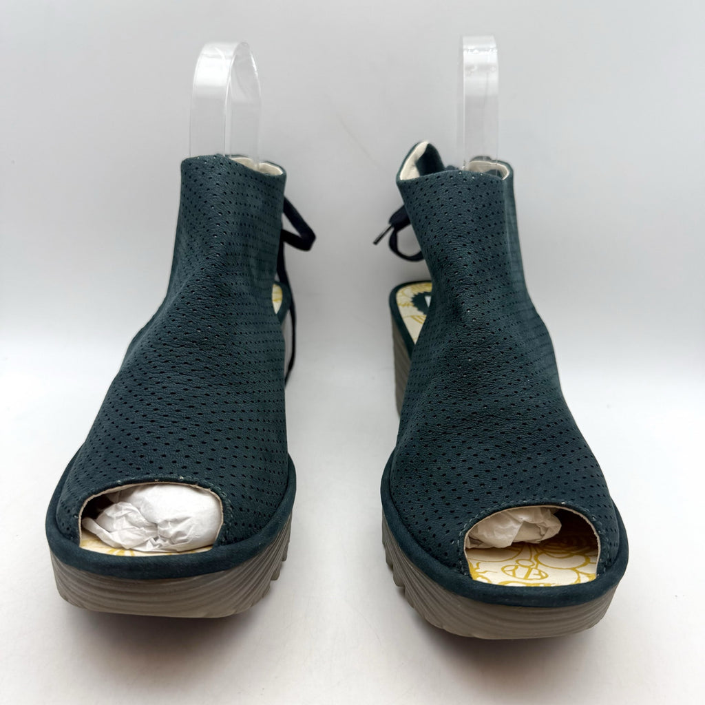 Fly London Womens Ypul799fly Wedge Sandal EU 42 US 11-11.5 Green Blue Suede NWOB