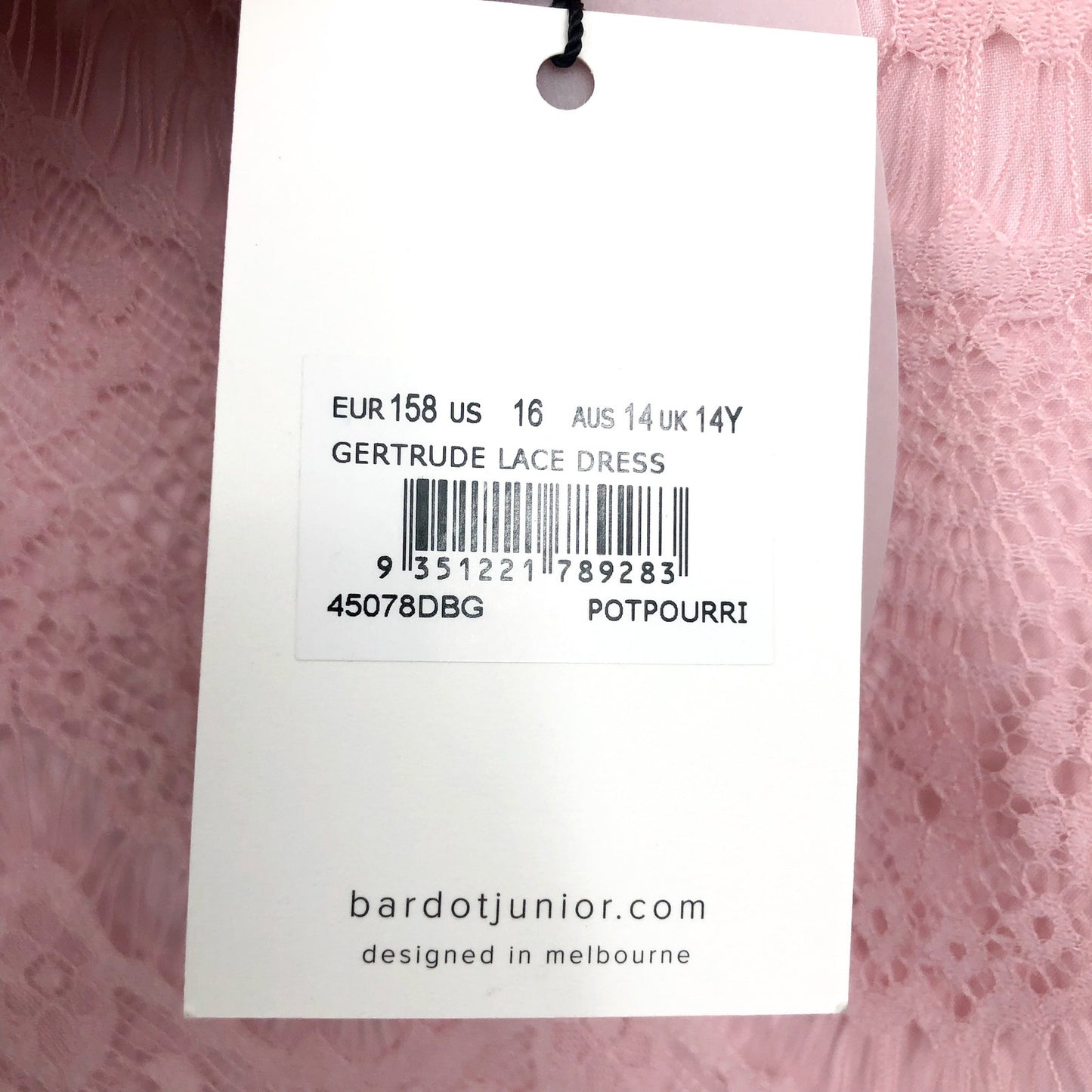 BARDOT JUNIOR Girl Gertrude Lace Dress Size 16 Pink Potpourri Long Sleeve NWT