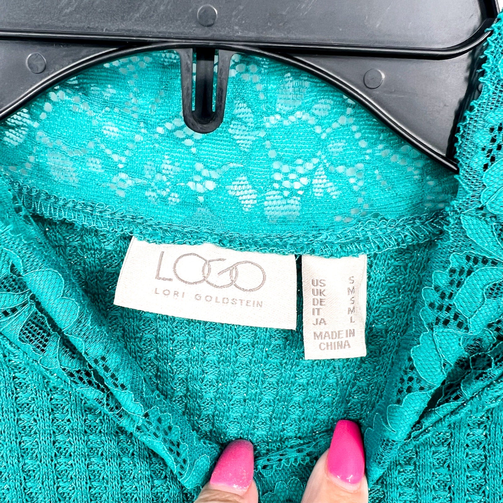 LOGO LORI GOLDSTEIN Metallic Waffle Knit Top Small Blue Green Long Sleeve NWOT