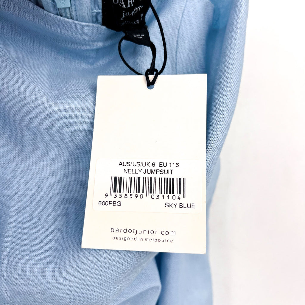 BARDOT JUNIOR Girls Nelly Ruffle Jumpsuit Size 6 Small Sky Blue Square Neck NWT