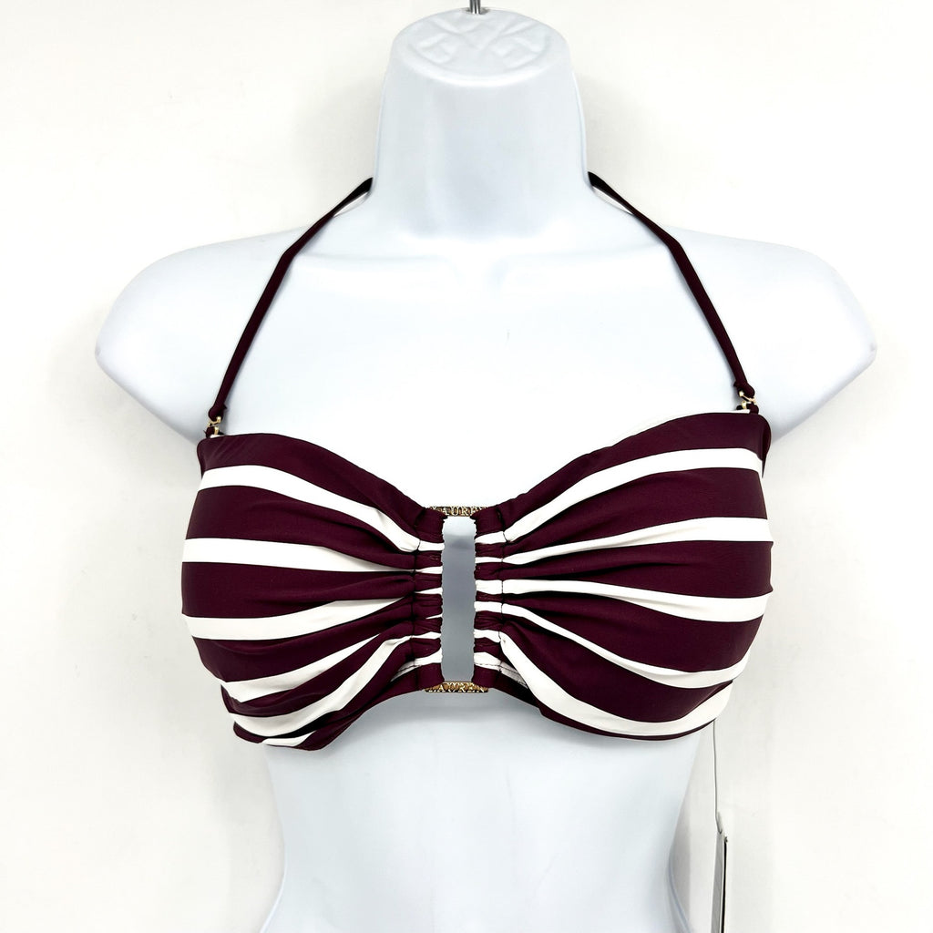 LAUREN RALPH LAUREN Largo Stripe Ring Bandeau Bikini Top Size 14 Red Claret NWT