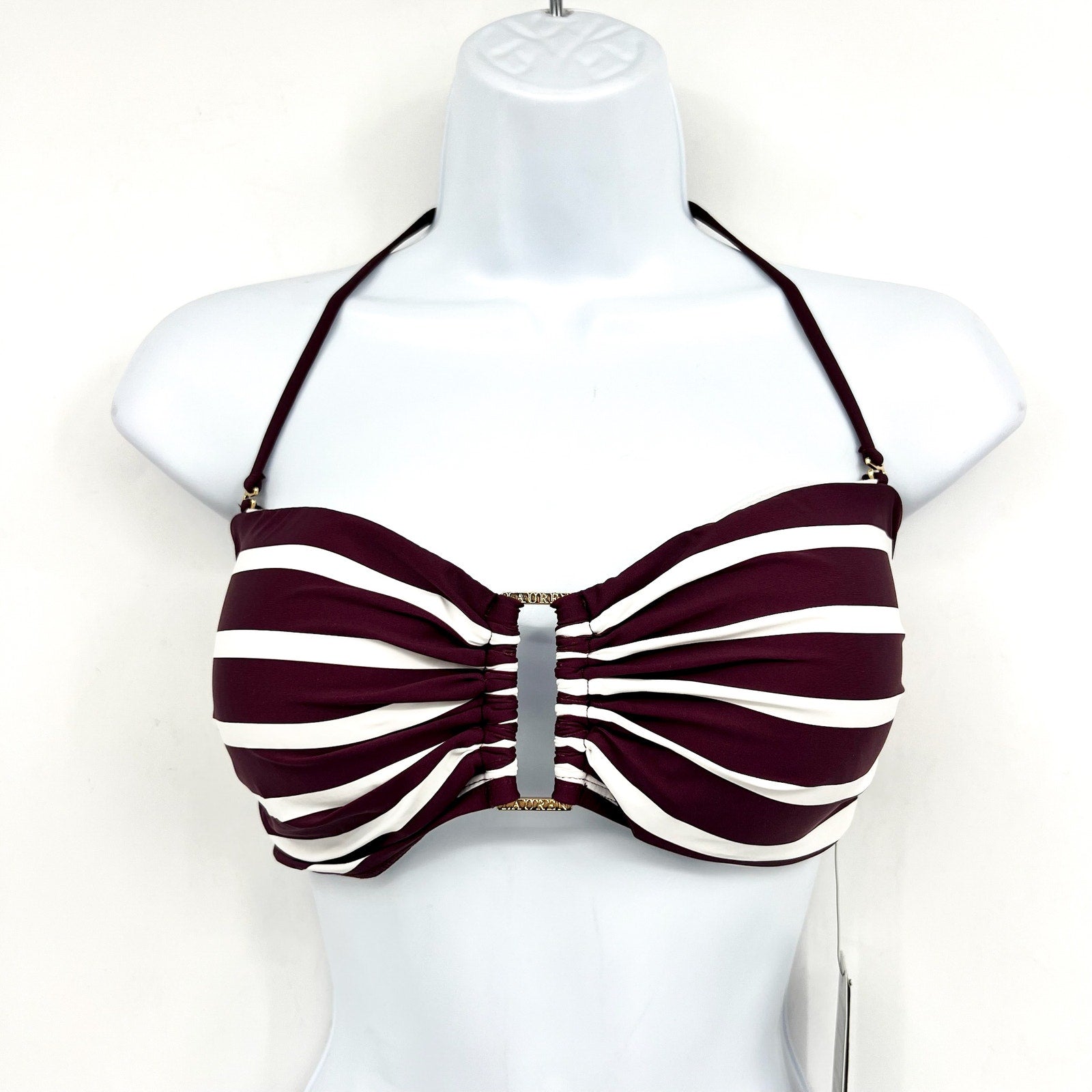LAUREN RALPH LAUREN Largo Stripe Ring Bandeau Bikini Top Size 14 Red Claret NWT