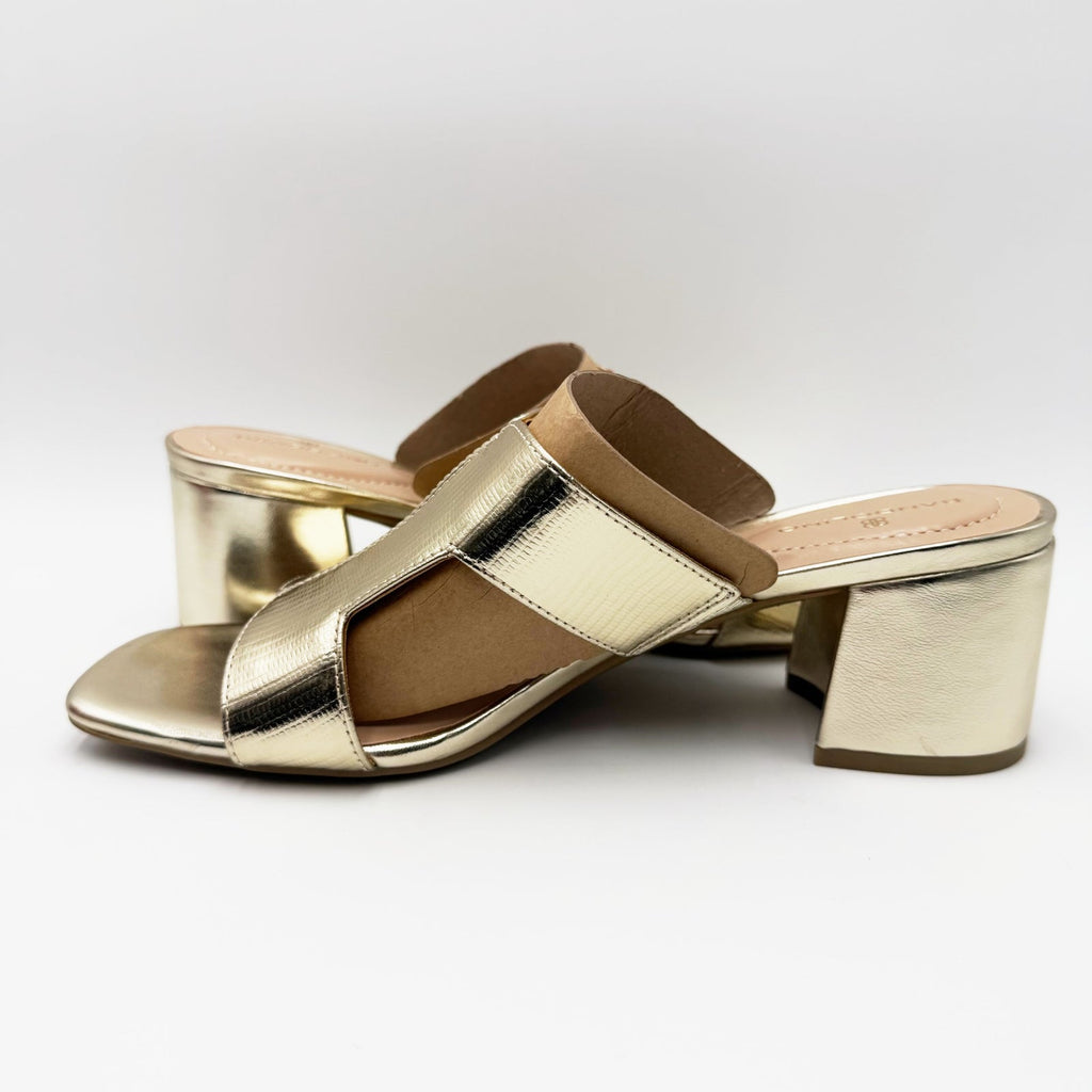 Bandolino Womens Merring Block Heel Slide Sandals Size 9 Gold Lizard NIB