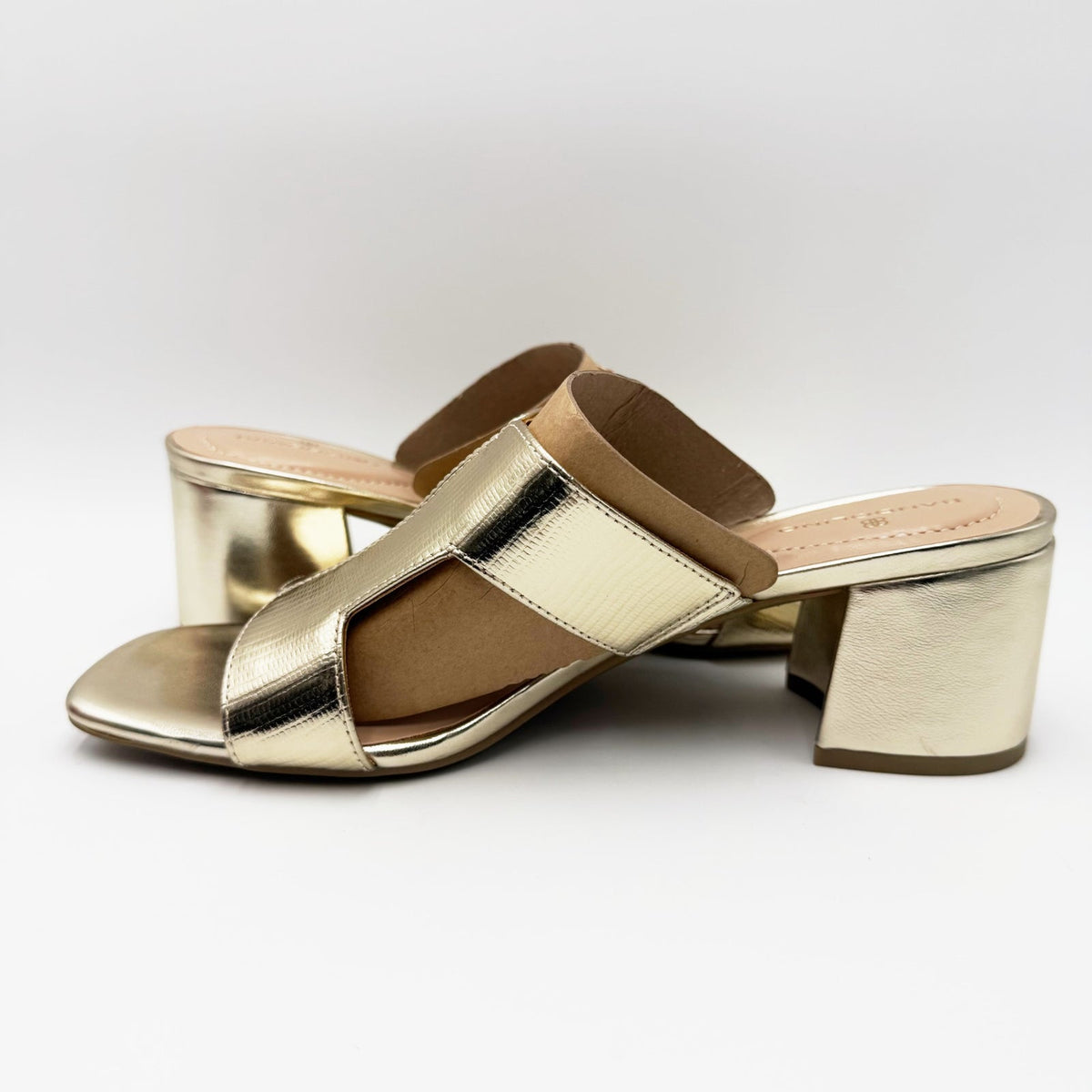 Bandolino Womens Merring Block Heel Slide Sandals Size 9 Gold Lizard NIB