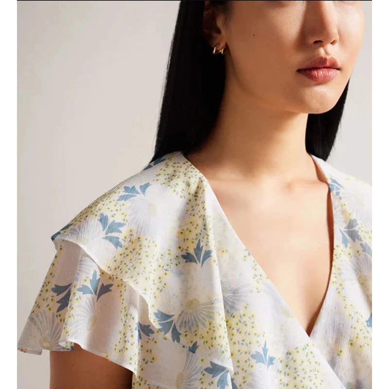 TED BAKER Women's Gemmiaa Wrap Top TED 3 US Large Sky Blue Floral Ruffle NWT